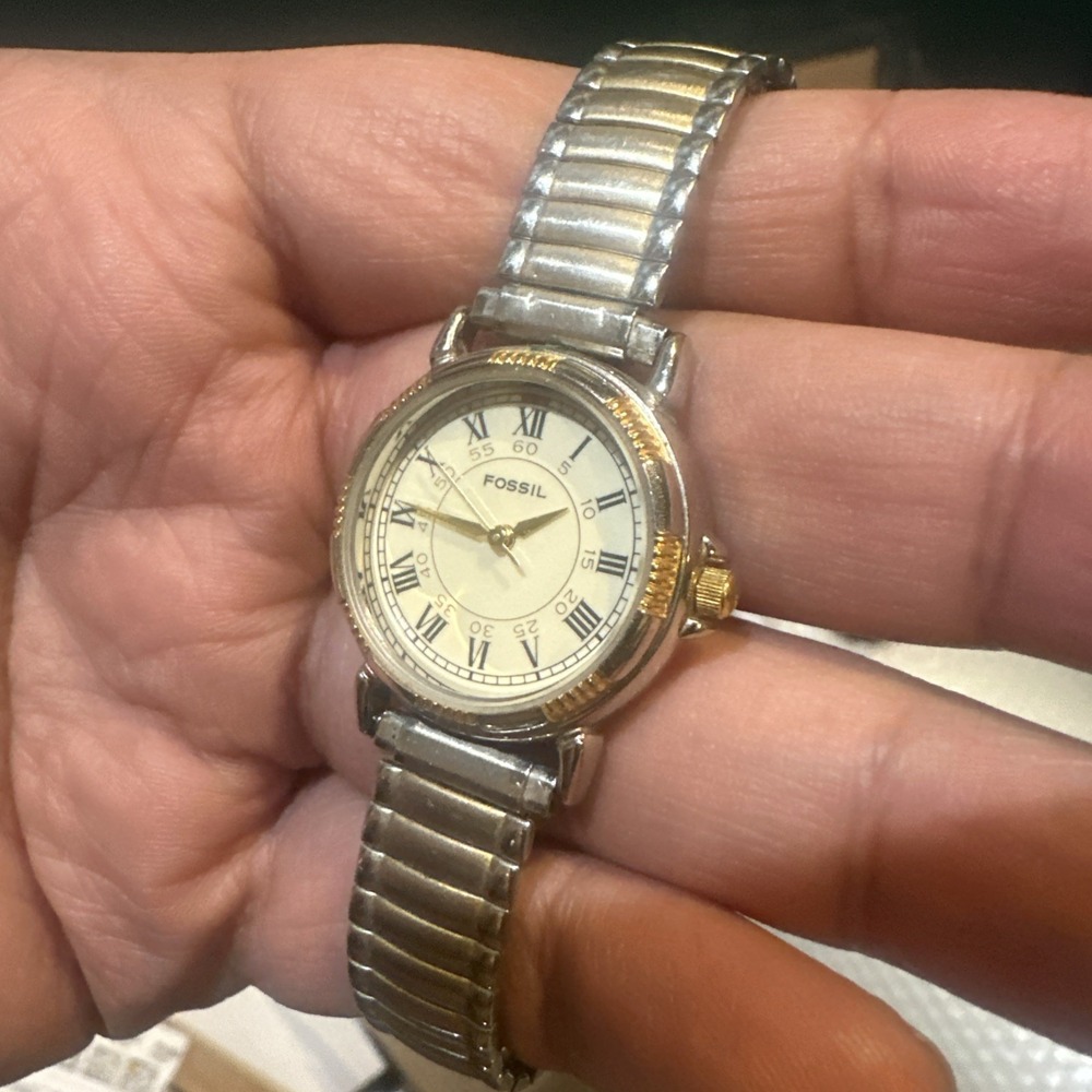 Working‎ Vintage Fossil Watch Women Two Tone Stretch Quartz Leather 26mm Fit 7in